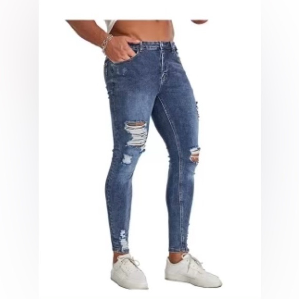 Men’s Super Skinny Stretch Tapered Leg Distressed Jeans, 29